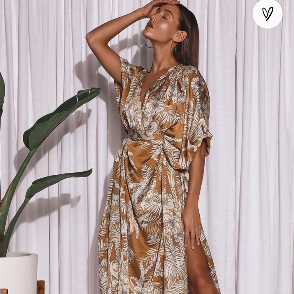 Tan Tropical Print Maxi Dress | small